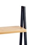 4 tier wooden organizer ladder shelf with natural wood shelves and black legs used for plant display and home storage