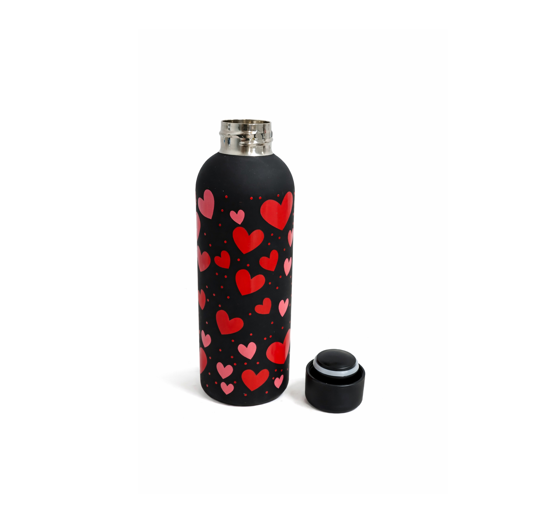 stainless steel insulated water bottle with hearts shapes keeps drinks hot and cold