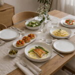 Luxury white 26-piece ceramic dinnerware set with gold rim plates and bowls set in Lebanon