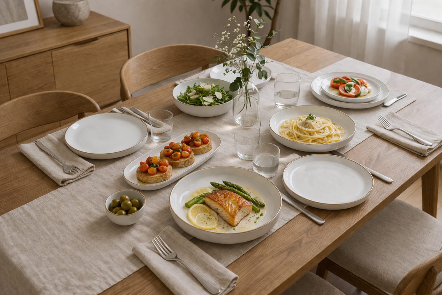 Luxury white 26-piece ceramic dinnerware set with gold rim plates and bowls set in Lebanon