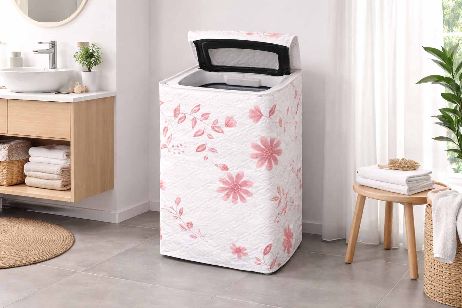 Floral EVA washing machine cover with top zipper for 9 to 11kg top load washer in modern bathroom