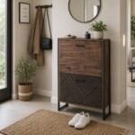 Modern wood and metal shoe cabinet with 2 flip drawers slim organizer for entryway storage
