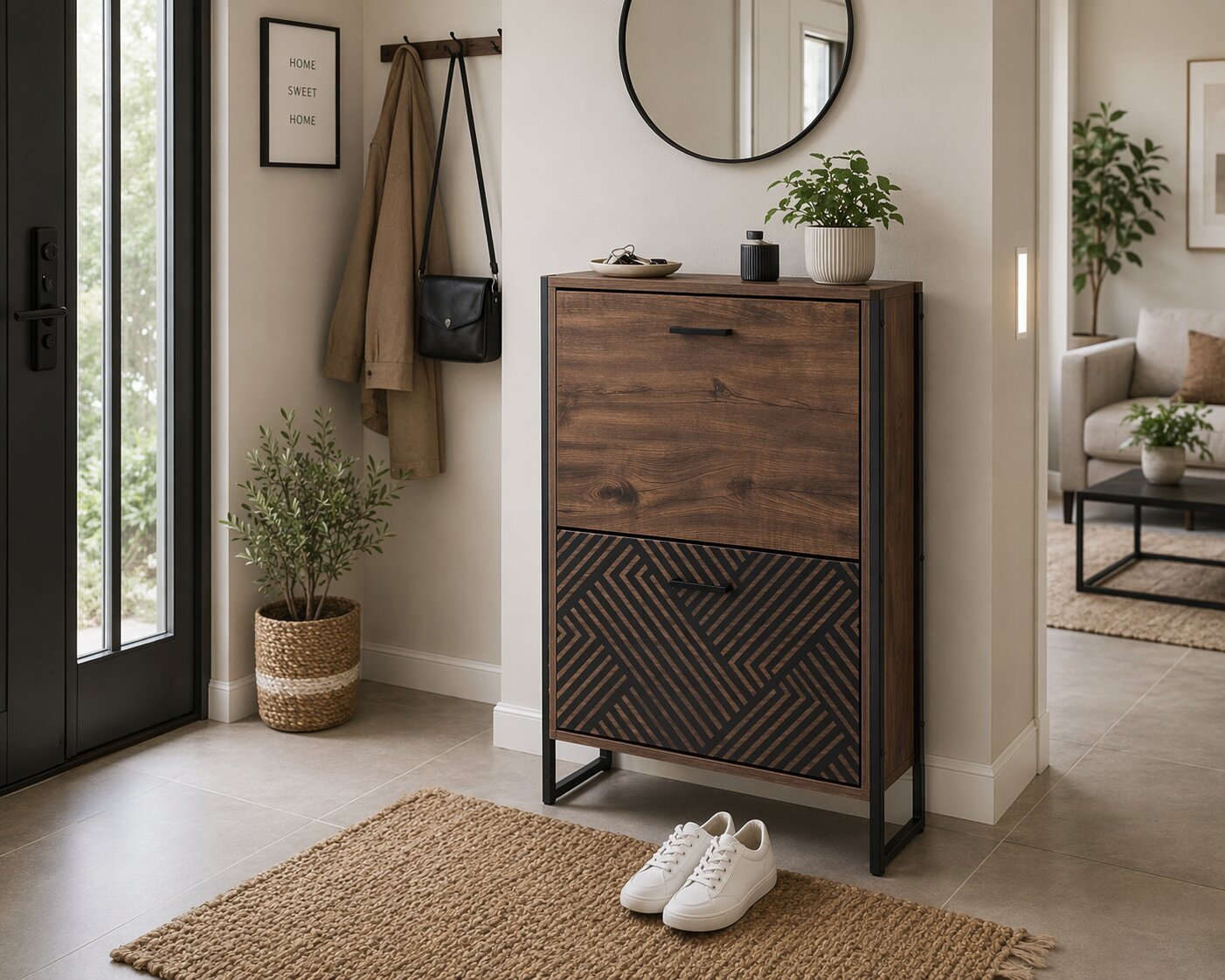 Modern wood and metal shoe cabinet with 2 flip drawers slim organizer for entryway storage