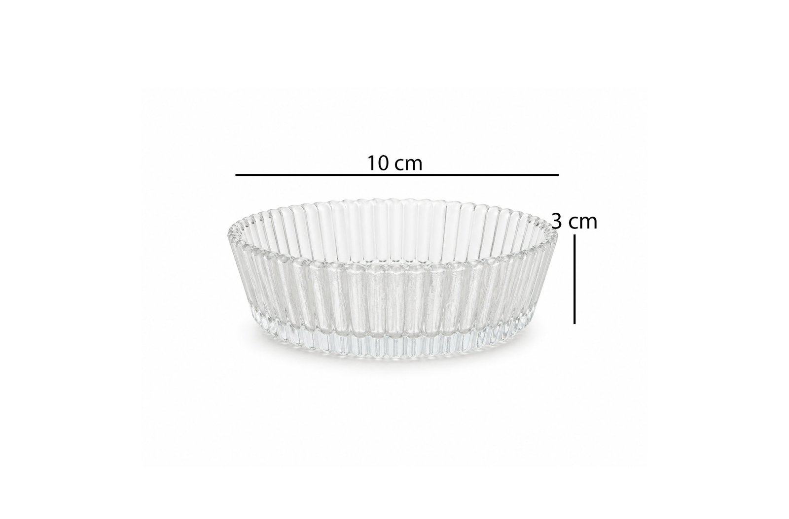 Set of 6 mini ribbed clear glass bowls for desserts and snacks on white background