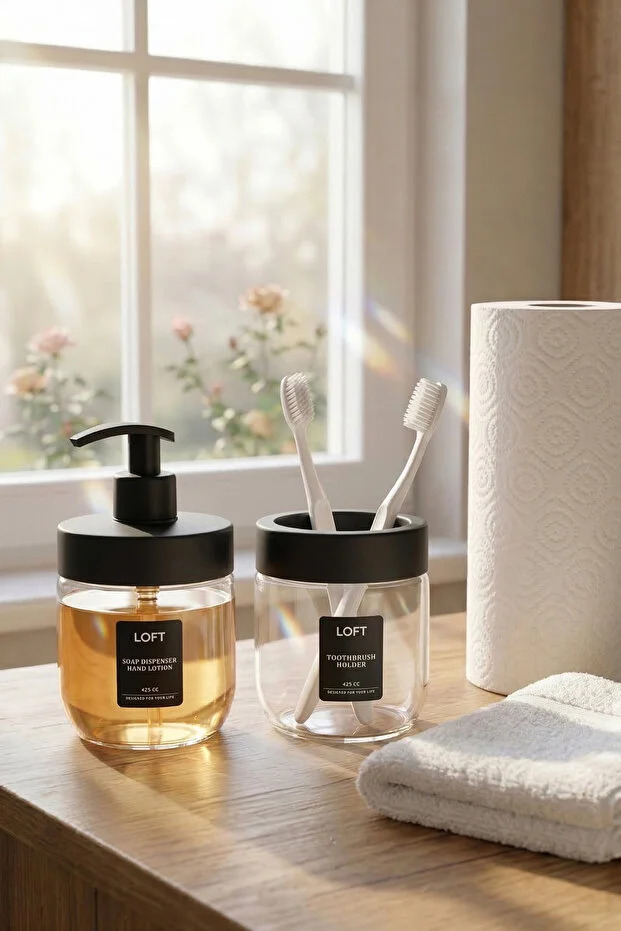 Glass Bathroom Set Soap Dispenser Toothbrush Holder