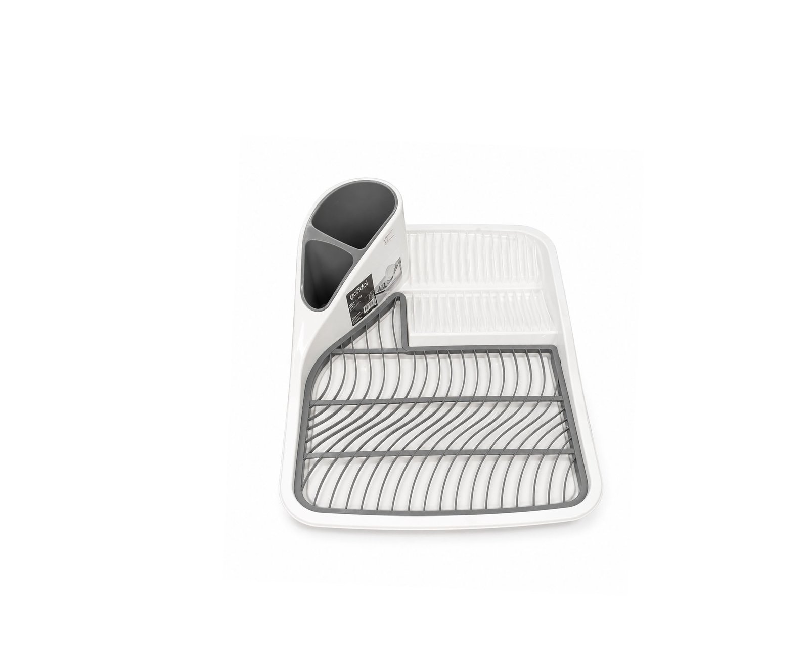 Plastic dish drainer with cutlery holder and draining spout on white background