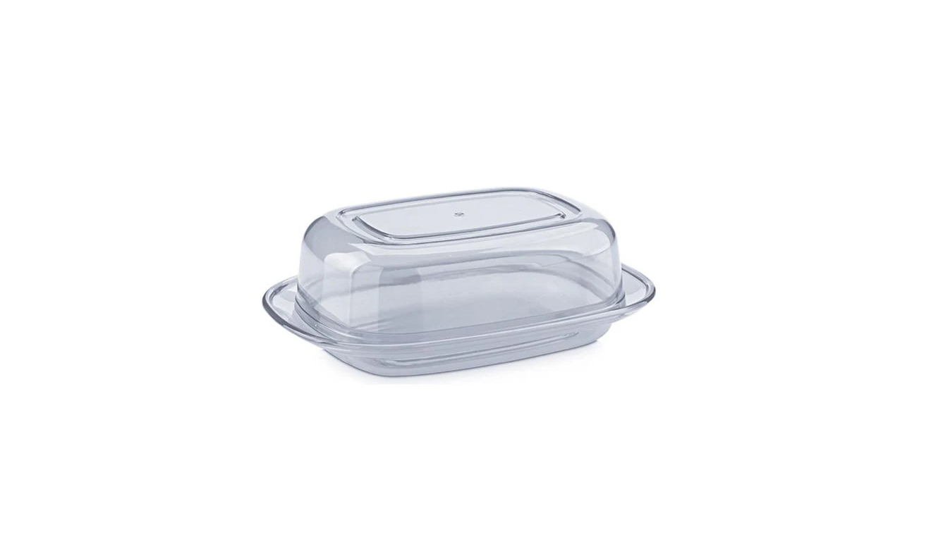 Clear BPA-free butter storage dish with lid on kitchen counter in modern kitchen Lebanon