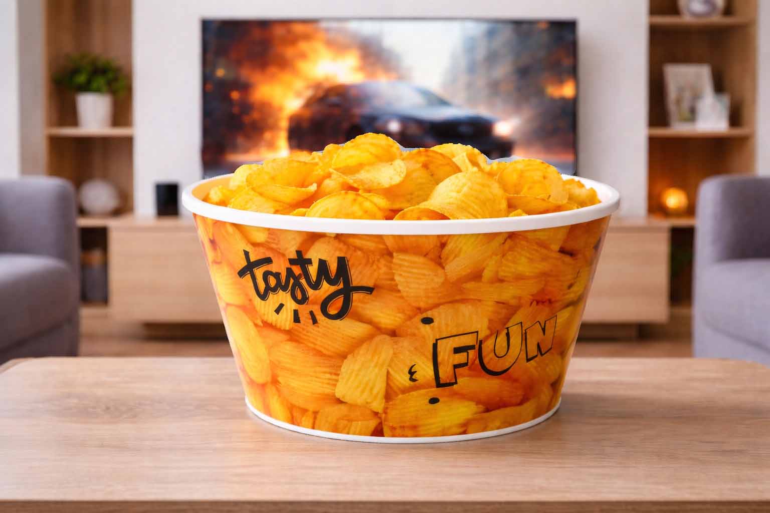 Popcorn snack bowl with chips on table in front of TV in modern living room setting
