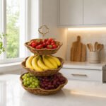 rattan basket stand for fruit and snacks with gold handle on display