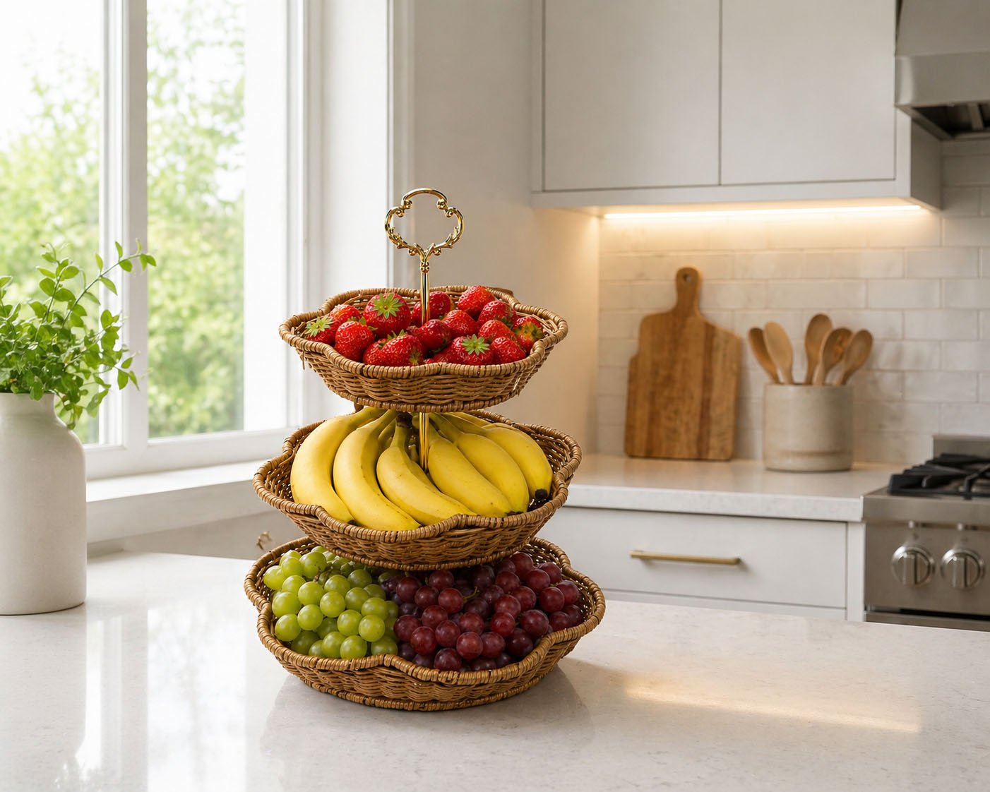 rattan basket stand for fruit and snacks with gold handle on display