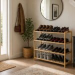 Four-tier wooden shoe organizer rack for entryway and closet storage with multiple pairs of shoes on white background