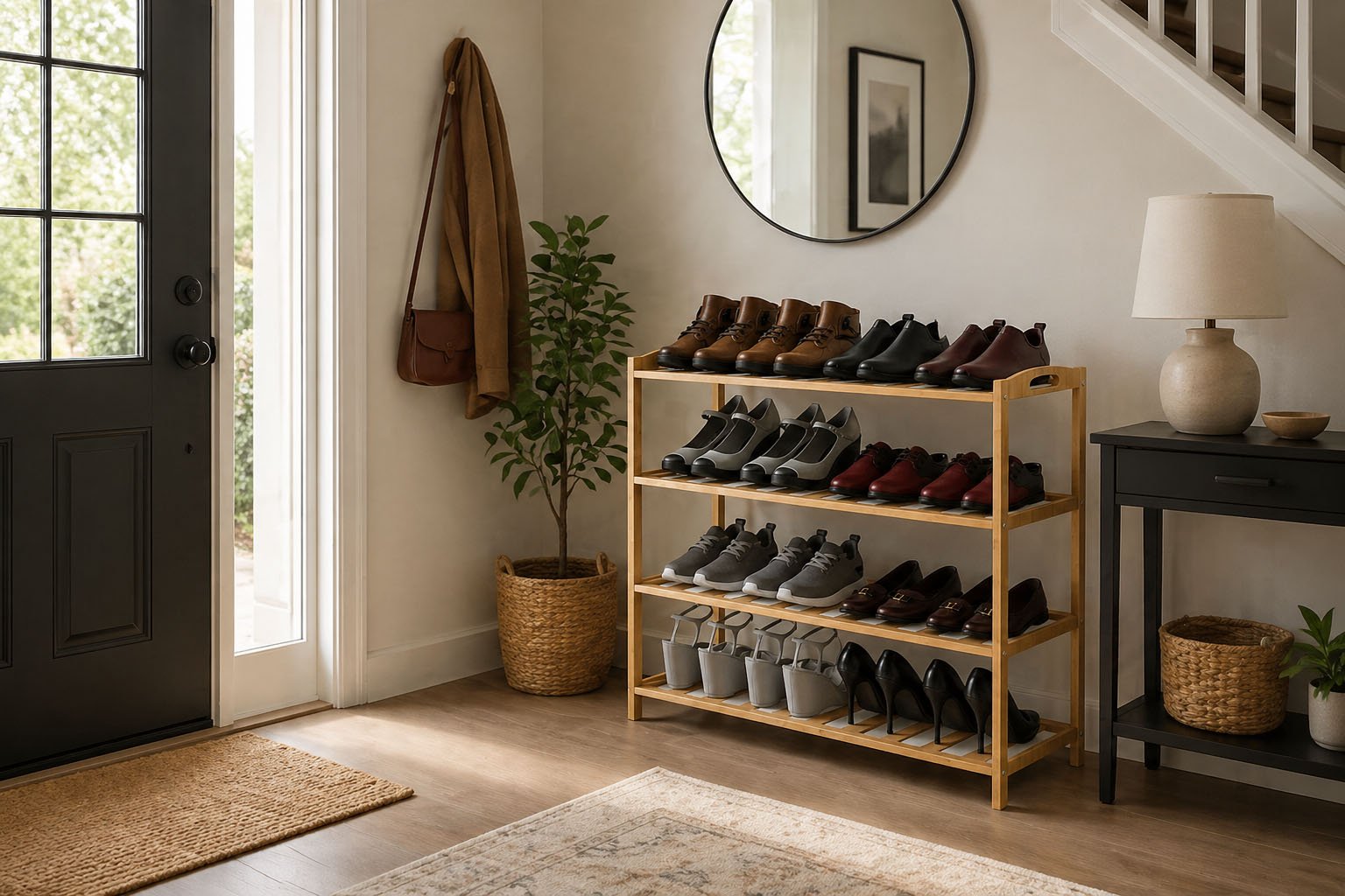 Four-tier wooden shoe organizer rack for entryway and closet storage with multiple pairs of shoes on white background