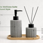 bathroom set with dispenser and diffuser on bamboo base with wooden sticks in minimalist white design
