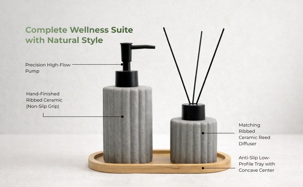 bathroom set with dispenser and diffuser on bamboo base with wooden sticks in minimalist white design