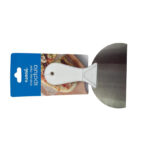 stainless steel spatula with white handle on white background for kitchen use