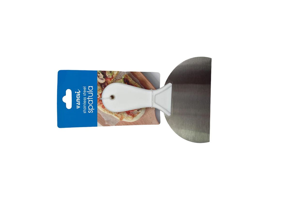stainless steel spatula with white handle on white background for kitchen use
