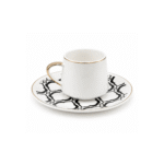 Set of 6 Turkish coffee cups with gold handles and patterned saucers