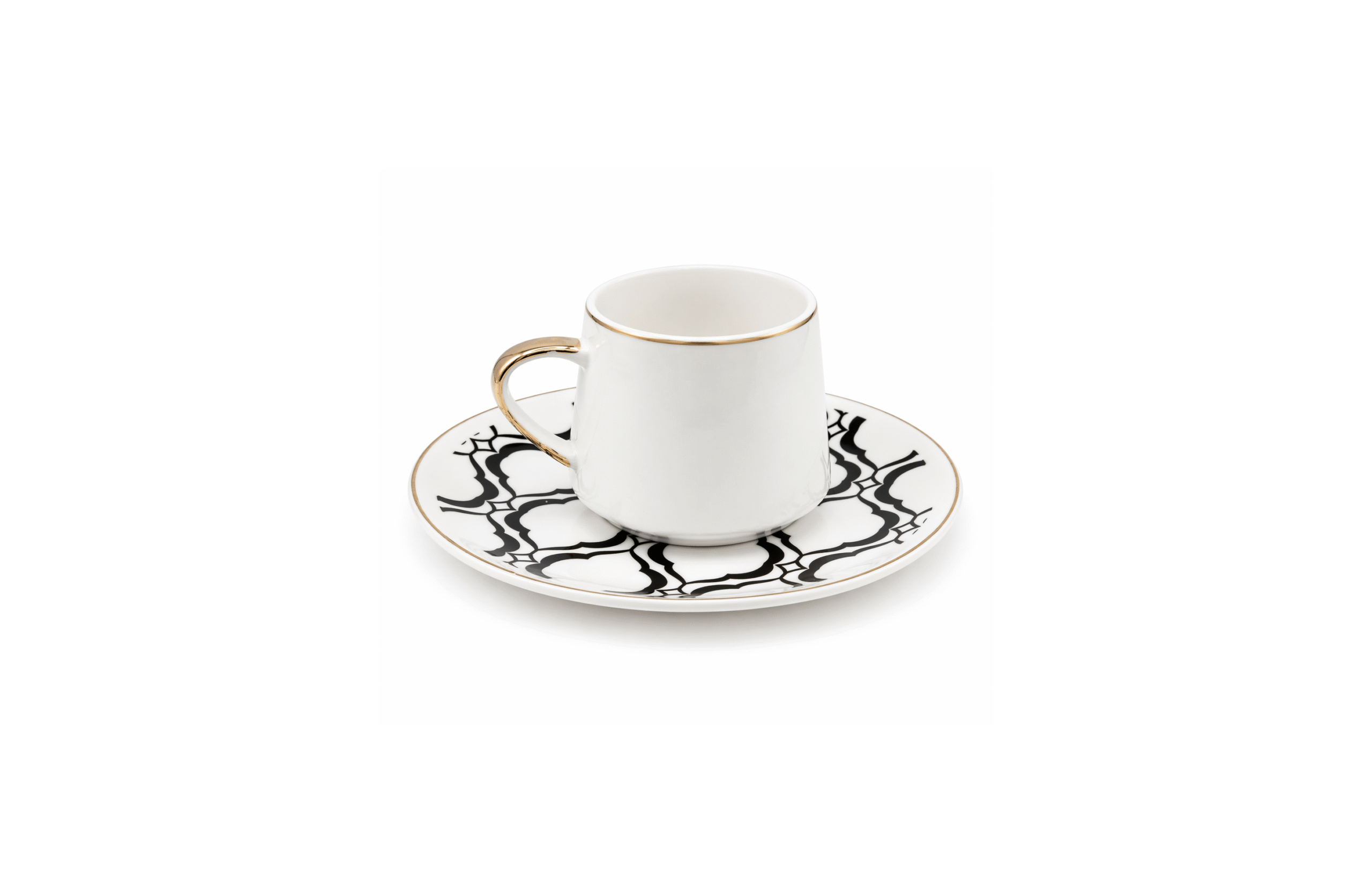 Set of 6 Turkish coffee cups with gold handles and patterned saucers