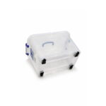 Transparent 20L plastic storage bin with lid, blue clip-lock handles, and wheels for home organization in Lebanon
