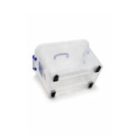 Transparent 30L plastic storage bin with lid, blue clip-lock handles, and wheels for home organization in Lebanon