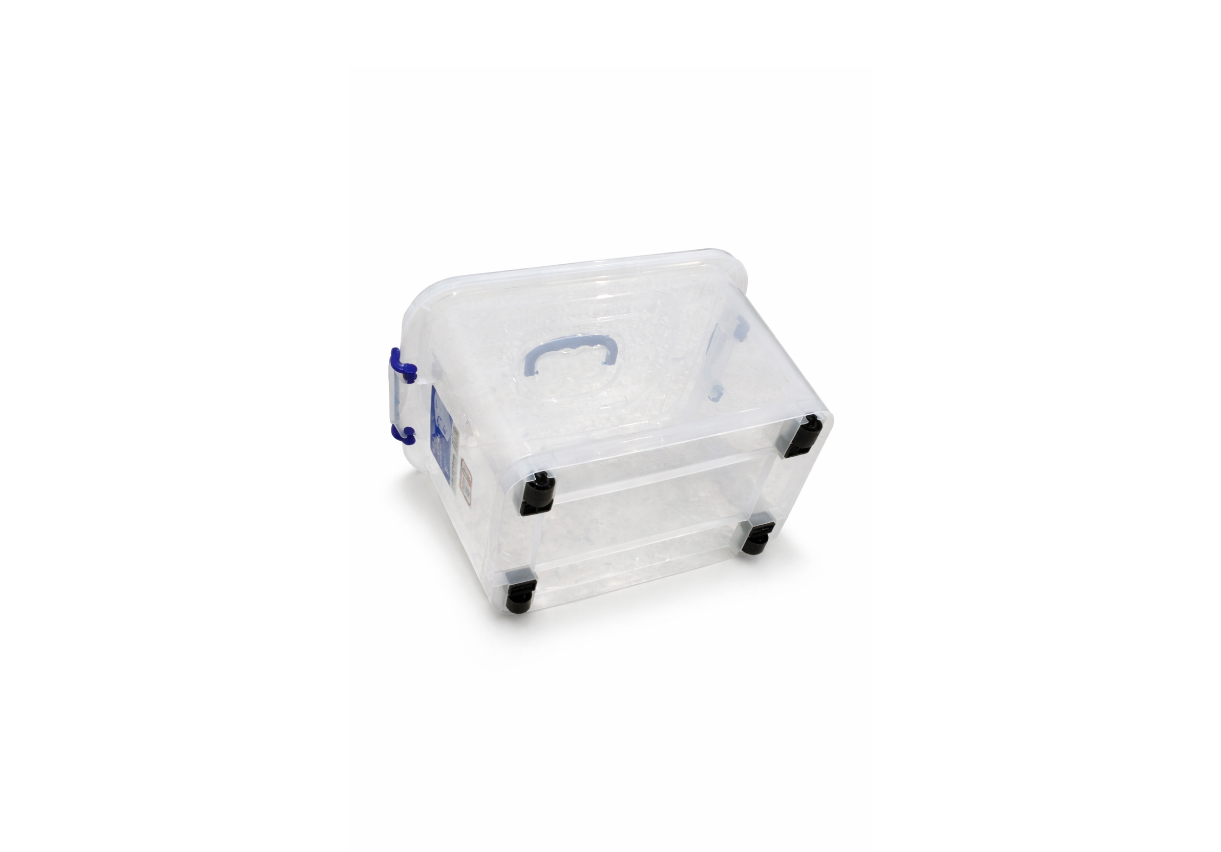 Transparent 30L plastic storage bin with lid, blue clip-lock handles, and wheels for home organization in Lebanon