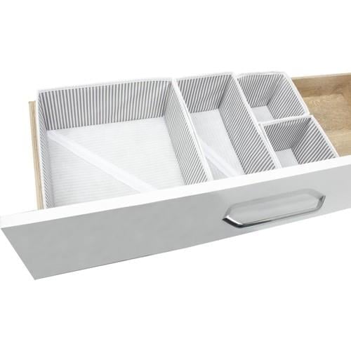 4 pack drawer organizer bins with folded clothes and socks in white background
