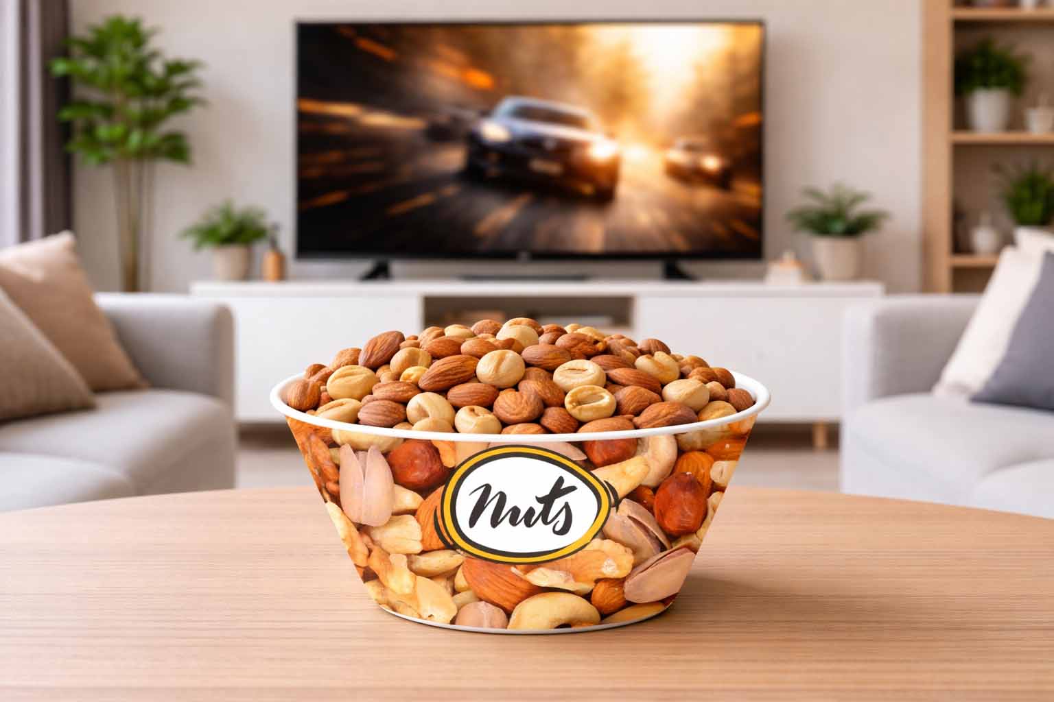 Popcorn snack bowl with chips on table in front of TV in modern living room setting