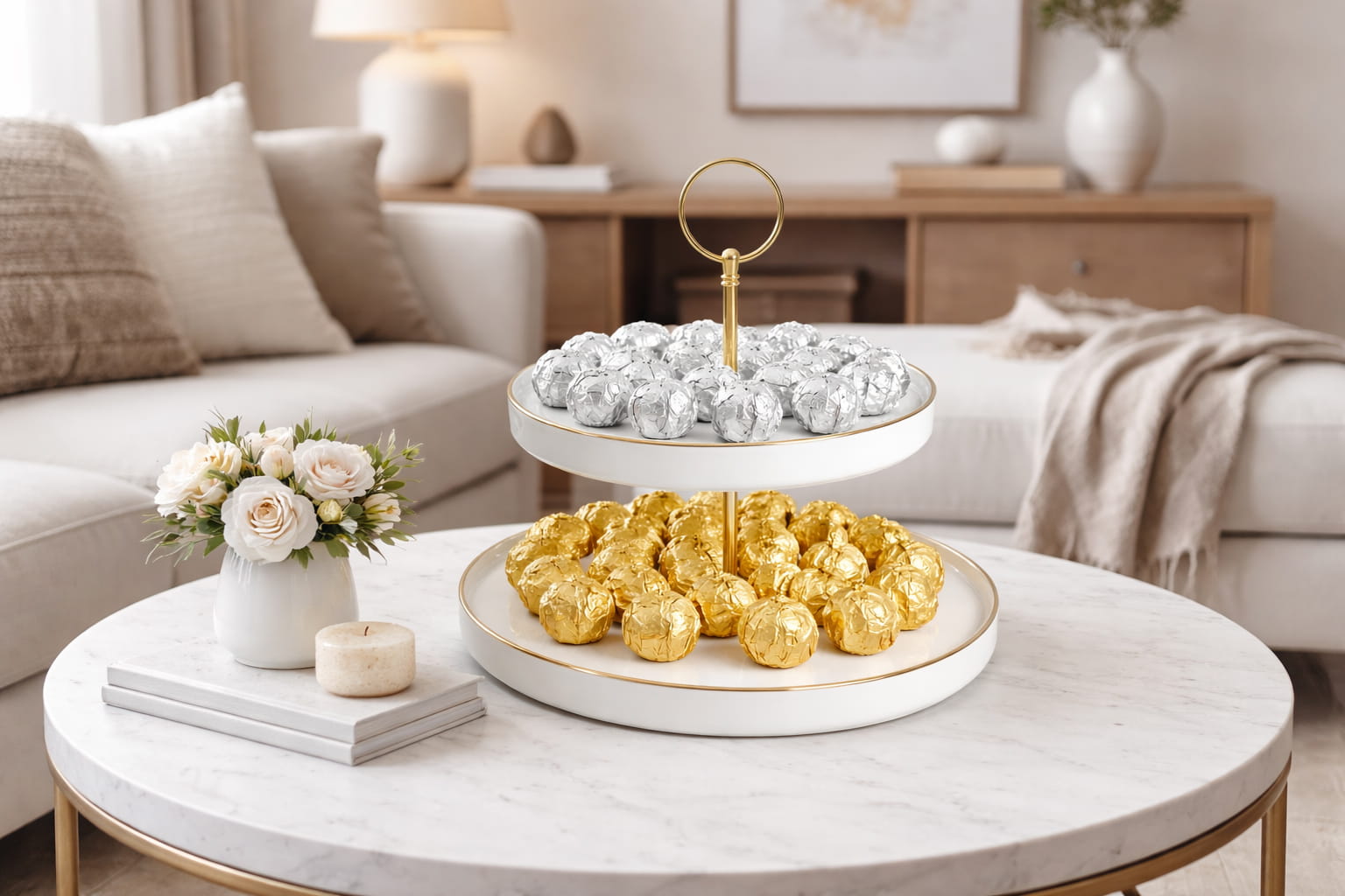 white porcelain dual-tier dessert stand with gold handle and rims for serving sweets and chocolates in Lebanon