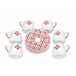 Set of 6 Turkish coffee cups with gold handles and patterned saucers