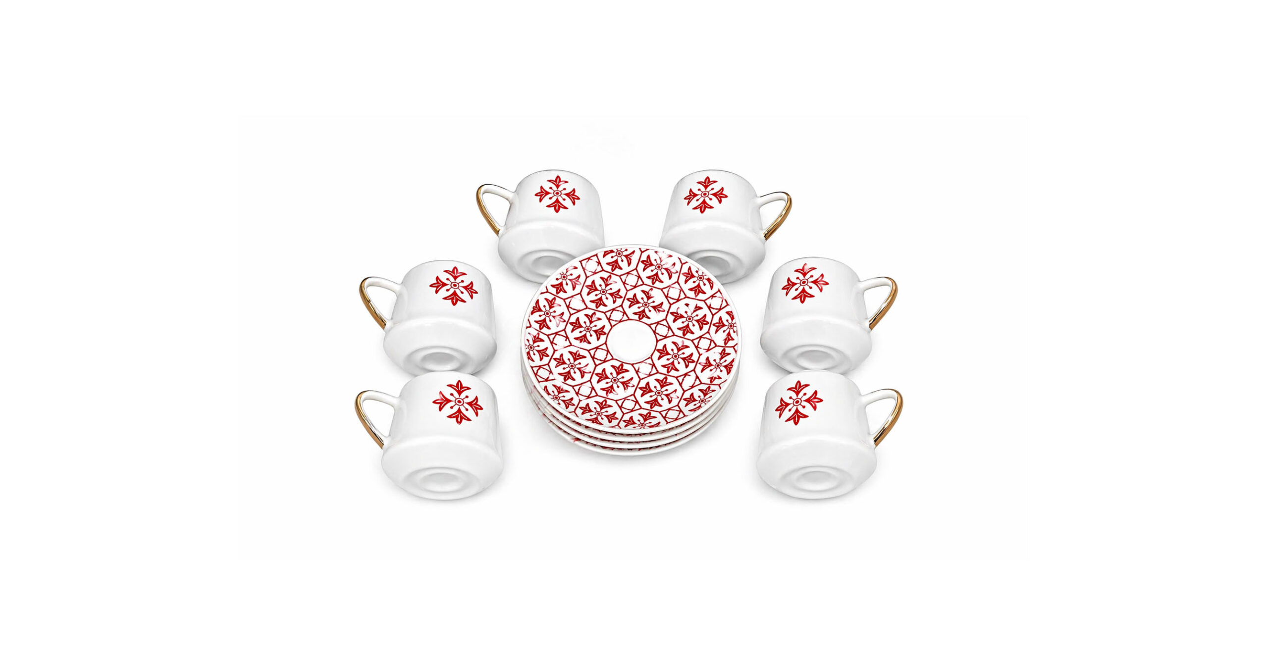 Set of 6 Turkish coffee cups with gold handles and patterned saucers