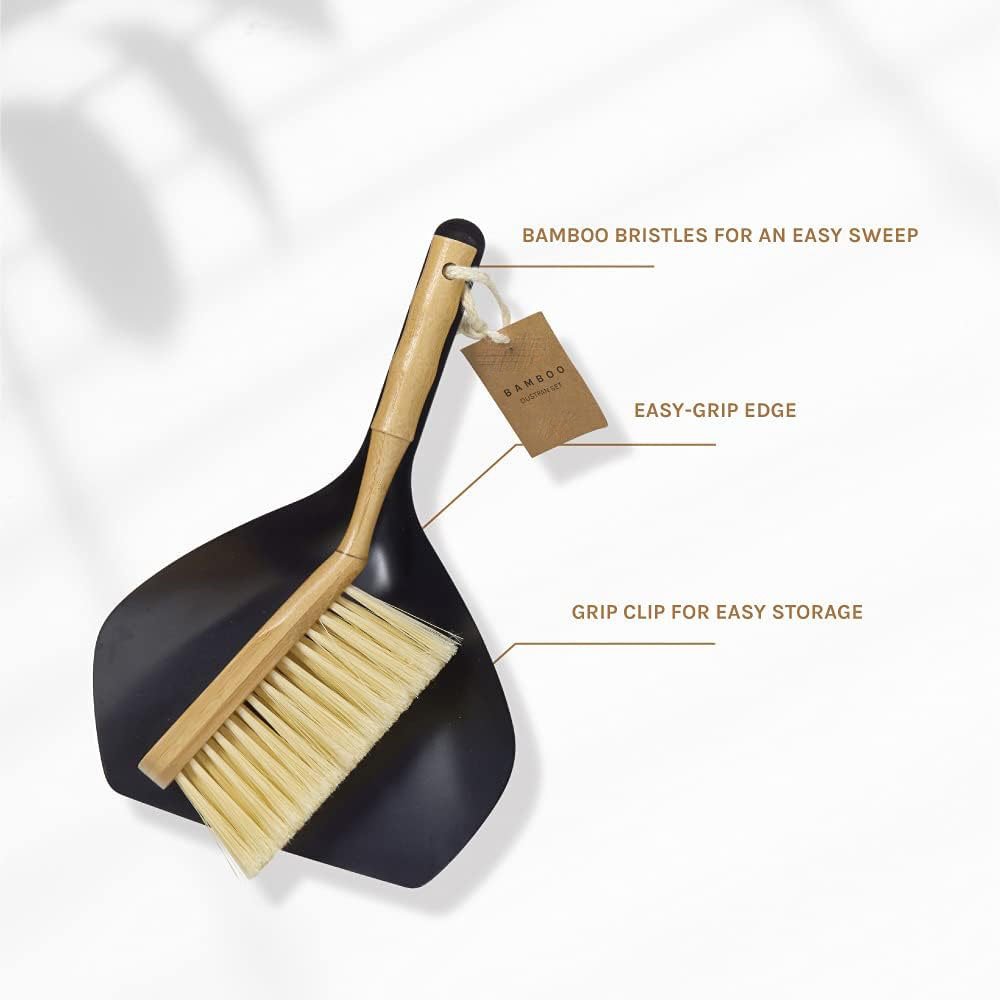 Compact dustpan and brush set with bamboo handle and black dustpan for home cleaning