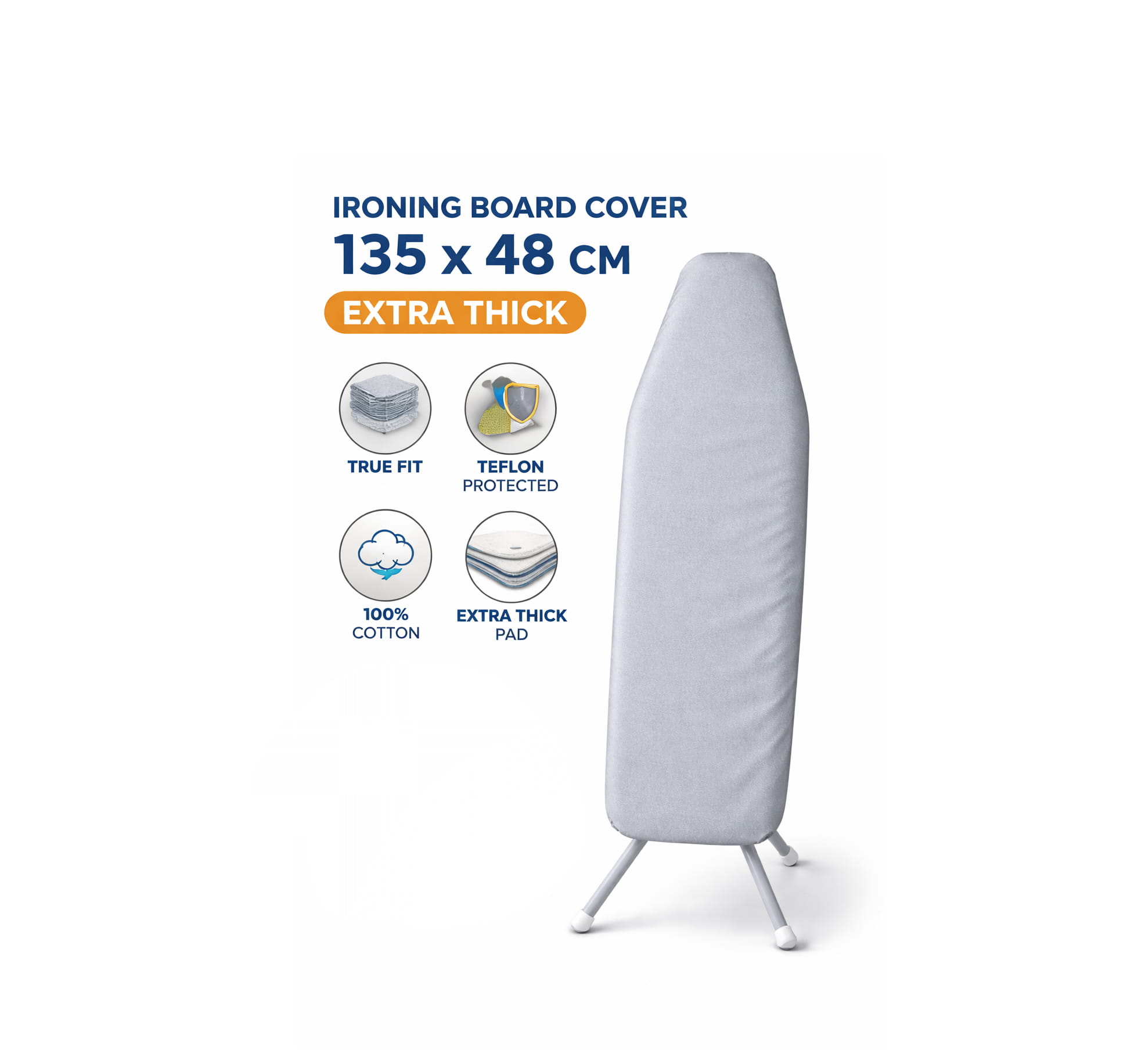 Extra thick ironing board cover 135x48 cm with cotton fabric and non-slip elastic fit in Lebanon