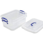 clear 12 l plastic storage bin with blue clip lock handles and lid