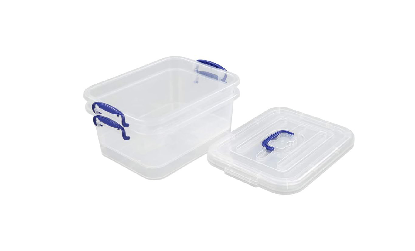 clear 12 l plastic storage bin with blue clip lock handles and lid