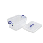 6L clear plastic storage bin with blue clip lock handles and lid