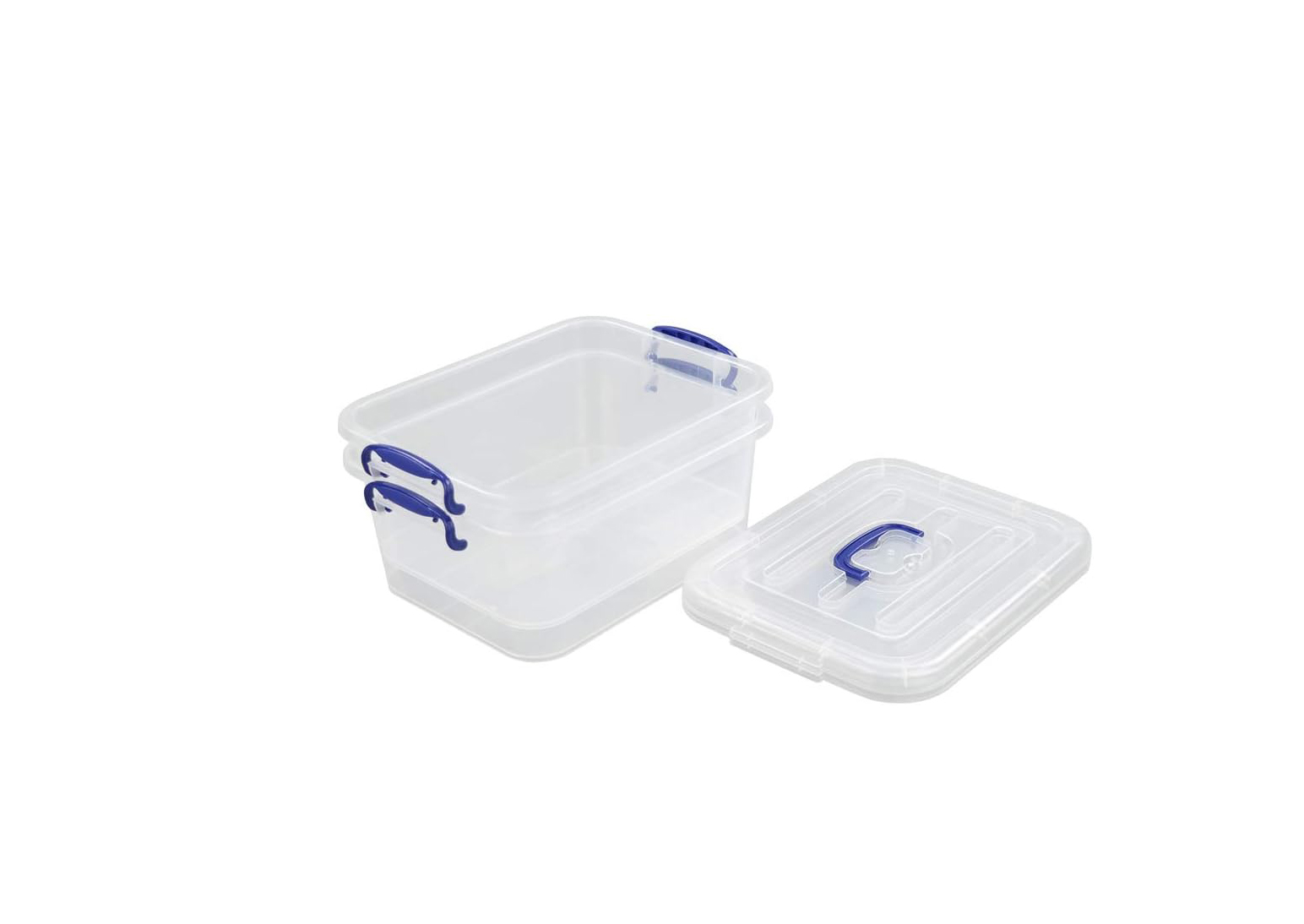 6L clear plastic storage bin with blue clip lock handles and lid