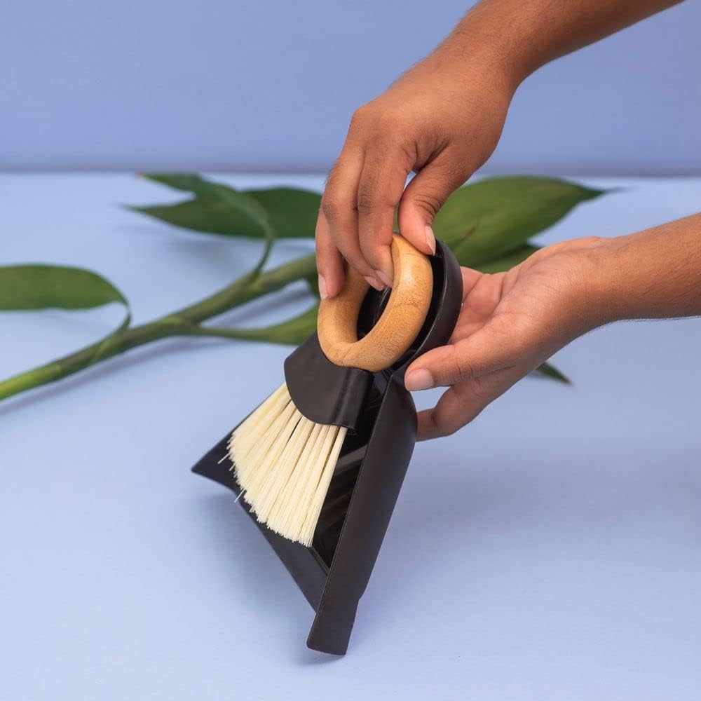 Mini bamboo table brush and dustpan set for cleaning desks and countertops