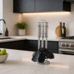 Dorsch 7 pcs kitchen utensils set with stainless steel handles and stand for non stick cookware in Lebanon
