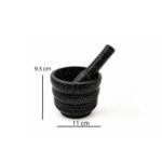 Black granite mortar and pestle garlic masher set with whole garlic on white background