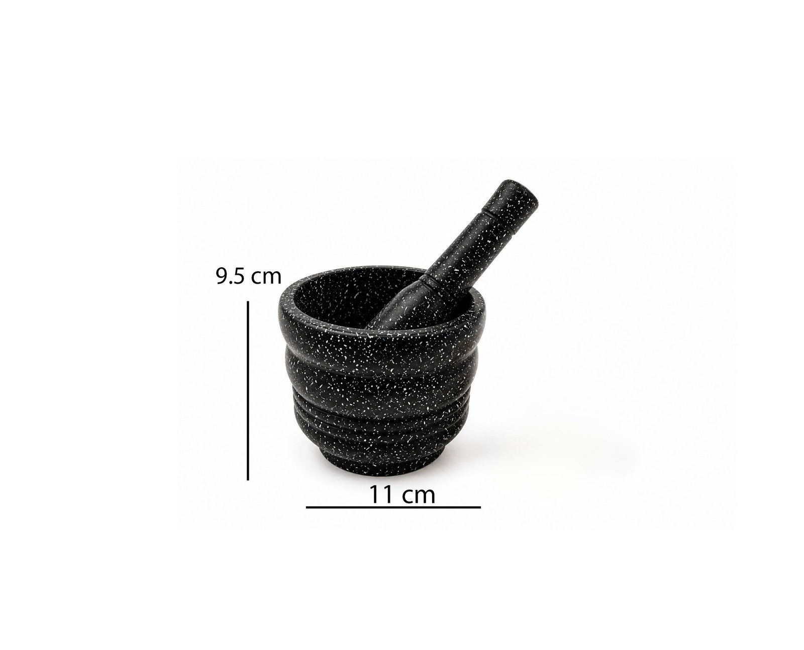 Black granite mortar and pestle garlic masher set with whole garlic on white background