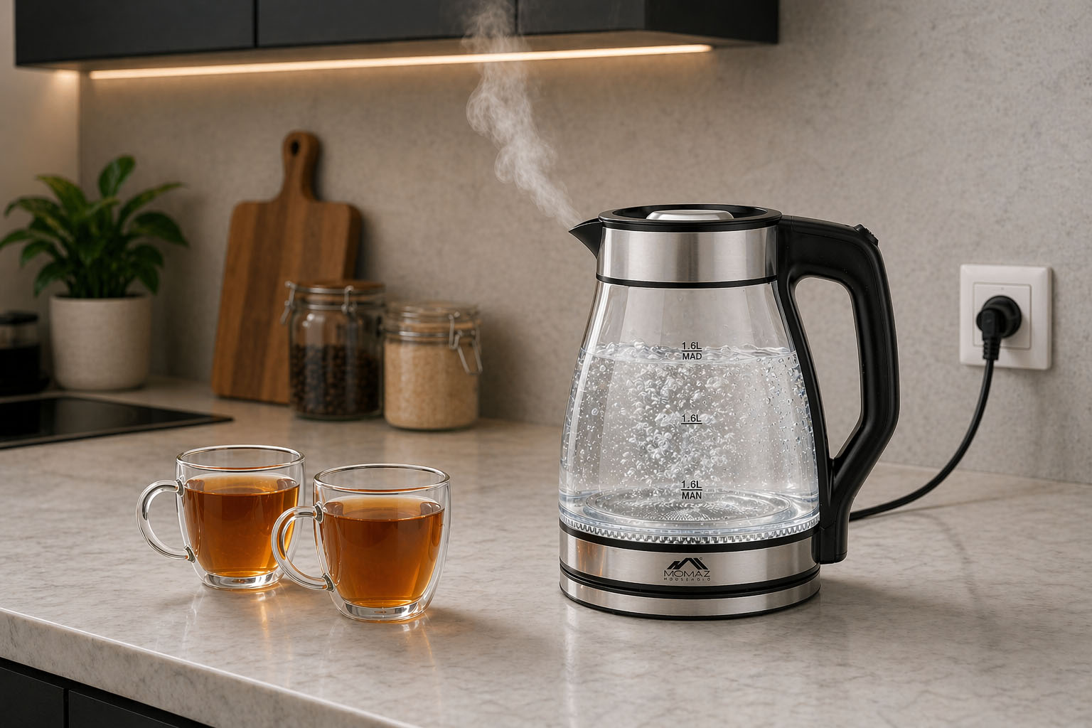 Momaz 1.5L glass electric kettle with steam from nozzle on white background