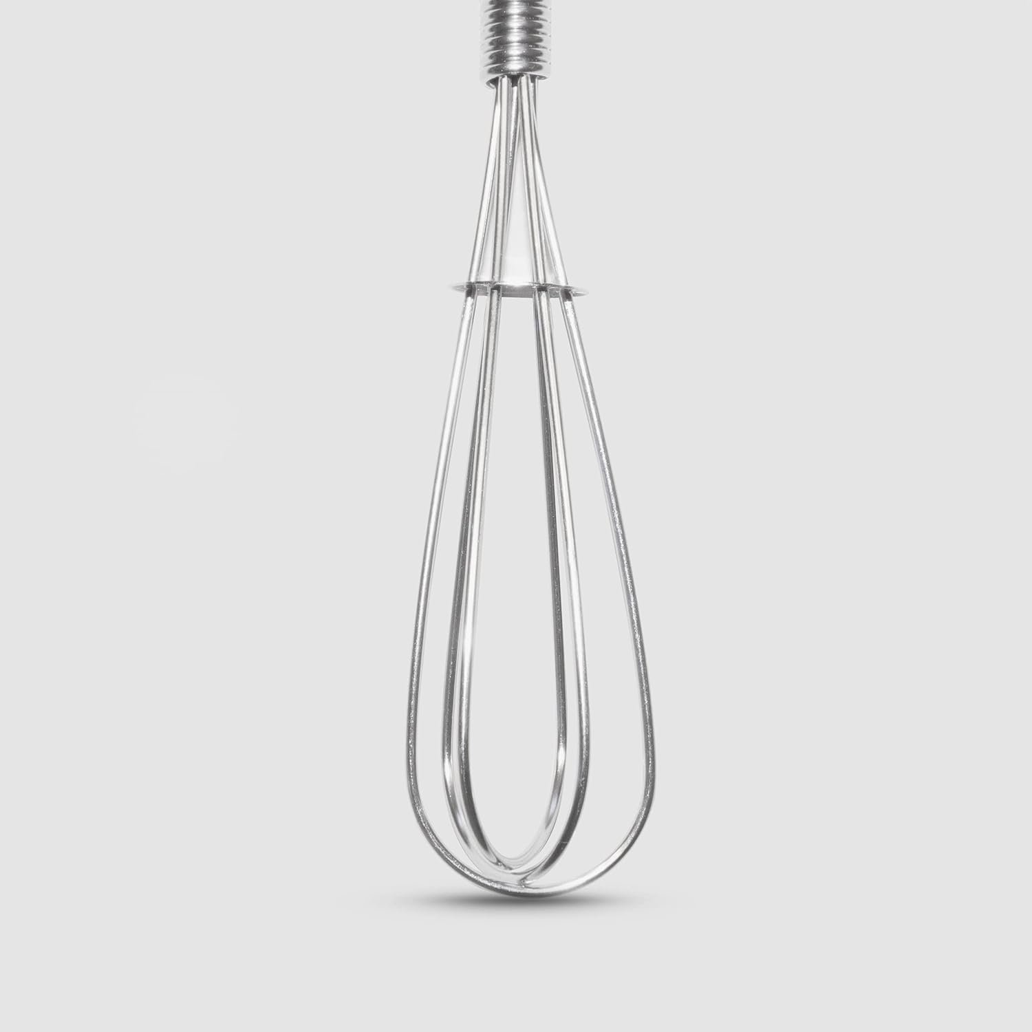 Set of 3 stainless steel mini whisks 12cm with flexible handle on white background