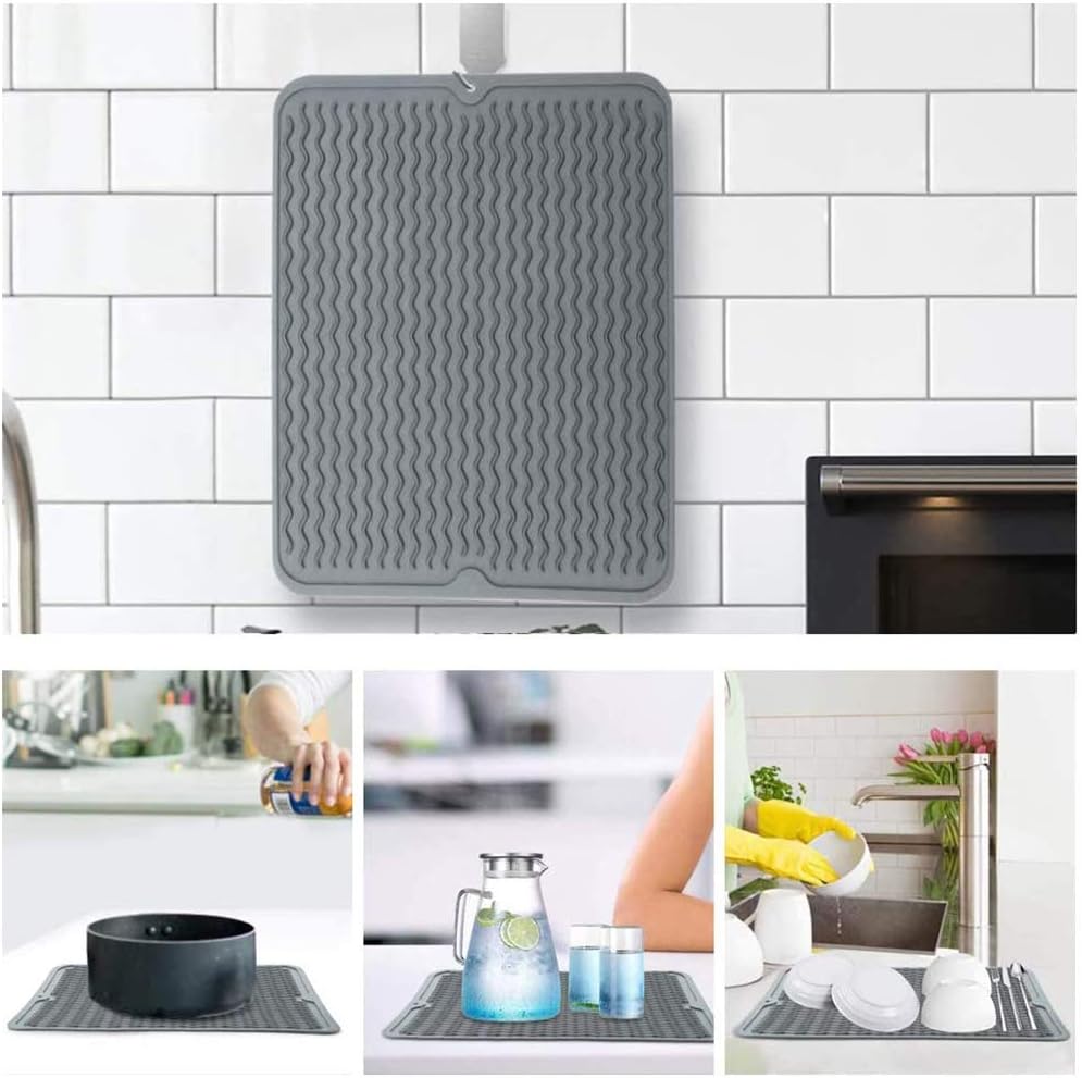Silicone dish drying mat with drain hole non-slip heat resistant kitchen mat