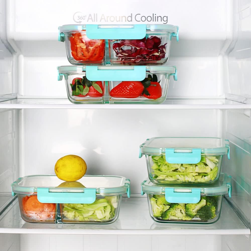 Borosilicate glass food storage container with 2 compartments and airtight lid