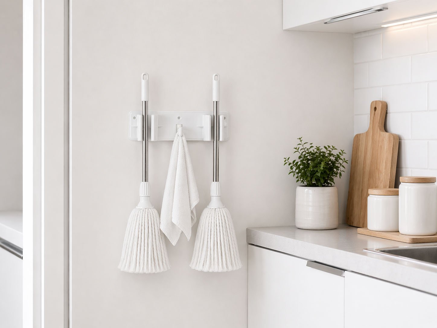 wall mounted holder for mops and brooms with 2 grips and hook