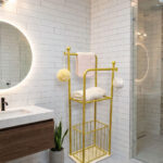 Gold 2-tier towel stand with marble base and laundry basket organizer with hooks for bathroom storage in Lebanon