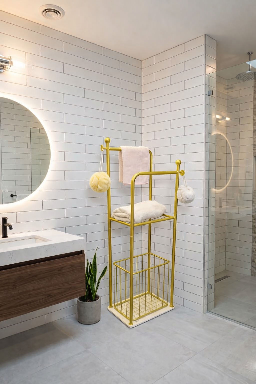 Gold 2-tier towel stand with marble base and laundry basket organizer with hooks for bathroom storage in Lebanon