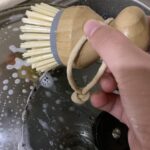 bamboo dish scrub brush with ergonomic handle for cleaning pots pans and kitchen utensils