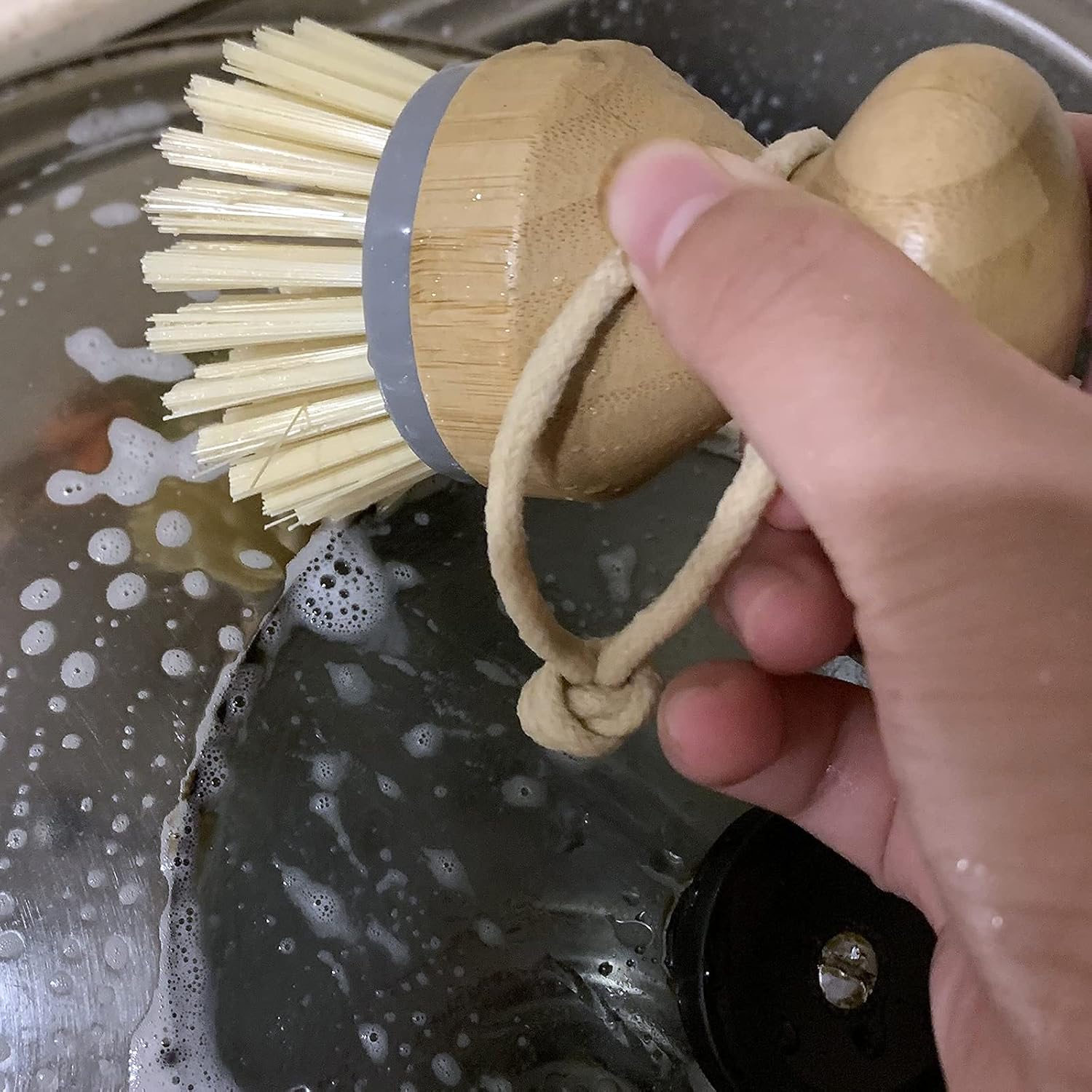 bamboo dish scrub brush with ergonomic handle for cleaning pots pans and kitchen utensils