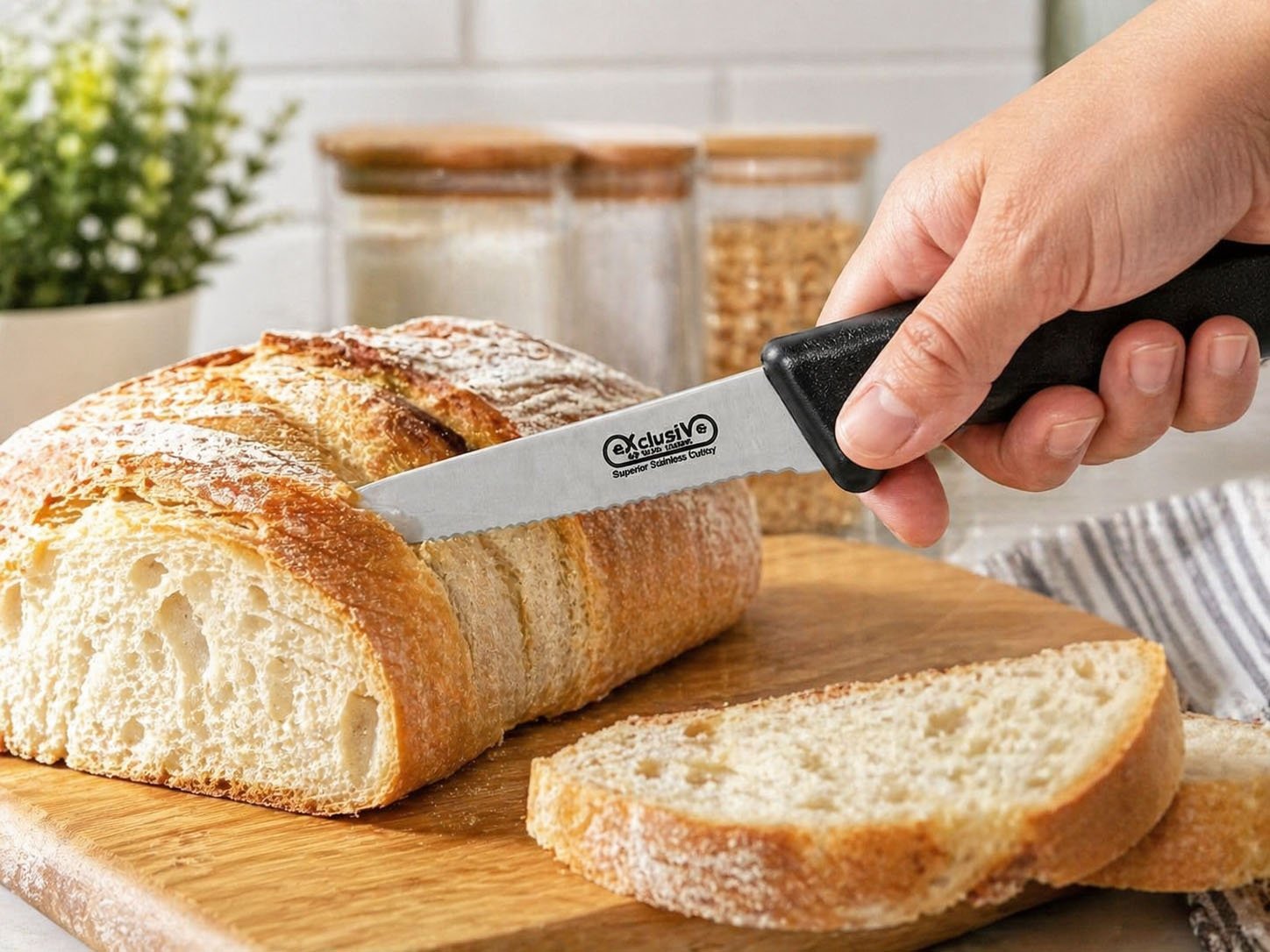 Set of 3 stainless steel serrated knives for bread fruits and vegetables with ergonomic handles